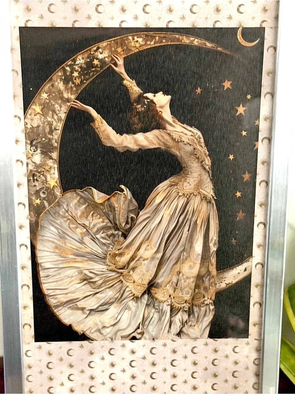 Celestial Moon Goddess Canvas Art Print Vintage Style Silver Framed Wall Art